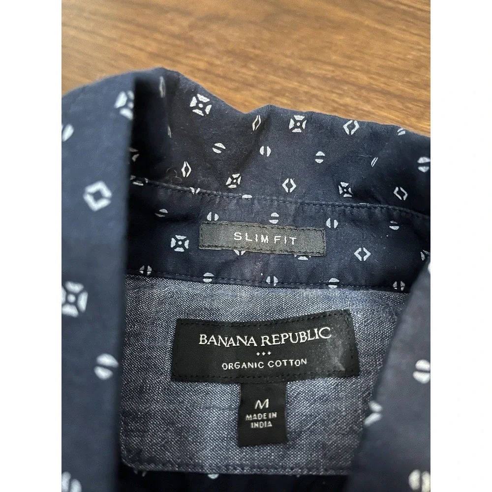 Banana Republic Shirt Mens sz M Navy Blue Slim Fit Short Sleeve Organic Cotton